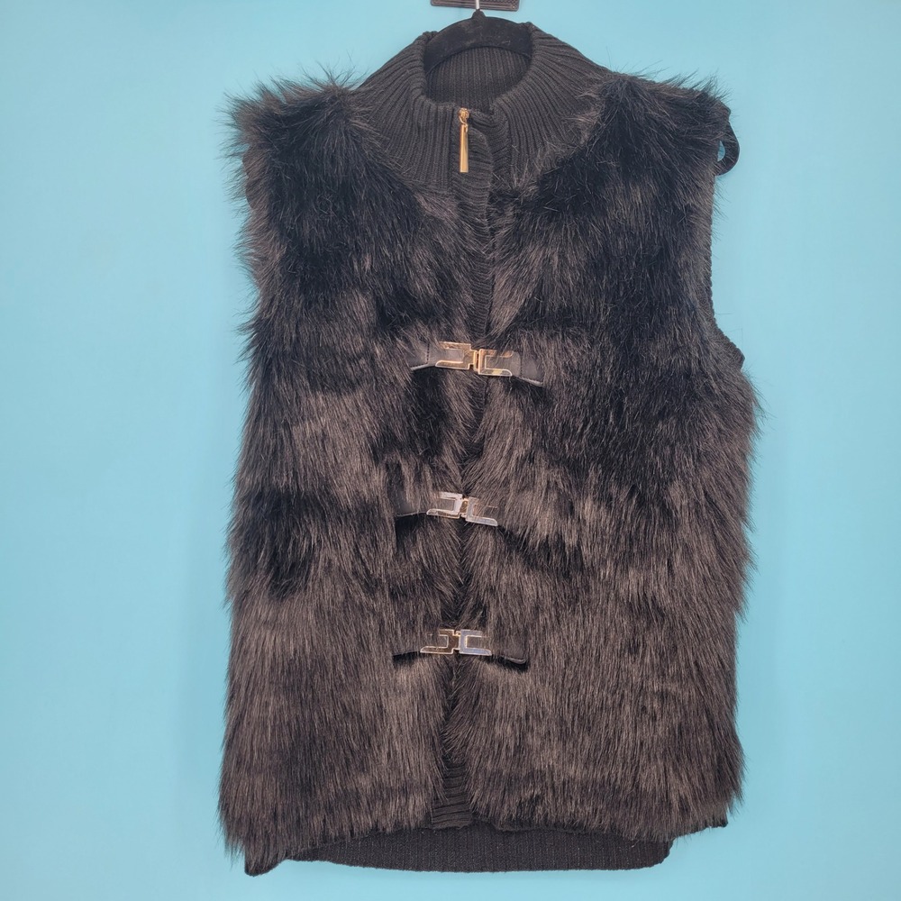 Cliche Couture Faux Fur Vest Women Large Shag Knit Wool Blend Black Buckle Front